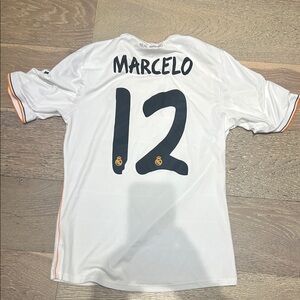adidas  Real Madrid White Soccer Jersey with Black and Orange 2013 Marcelo 12